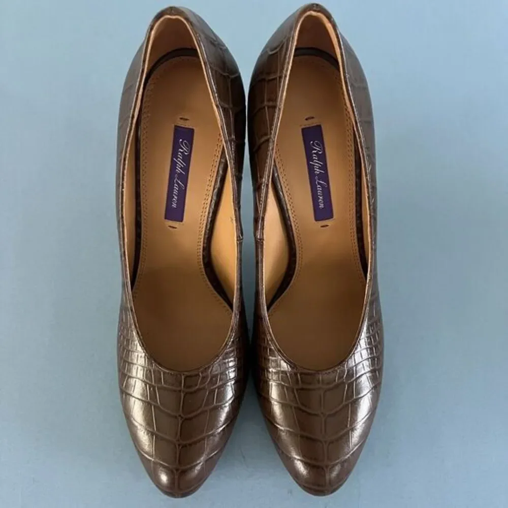 Ralph Lauren Purple Label‎ Darlene Embossed Calfskin Brown Leather Pumps